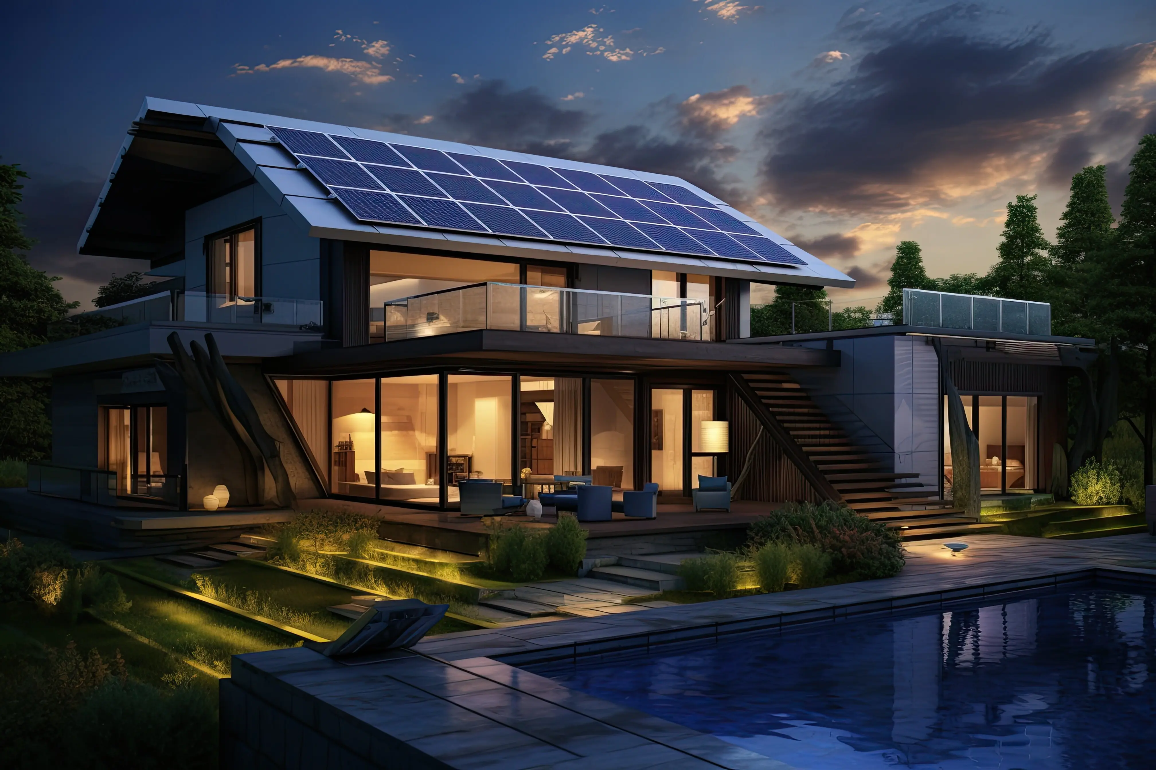 Bei Tag wie bei Nacht präsentiert ein atemberaubendes, zeitgenössisches Haus mit Solarpaneelen auf seinem Dach ...