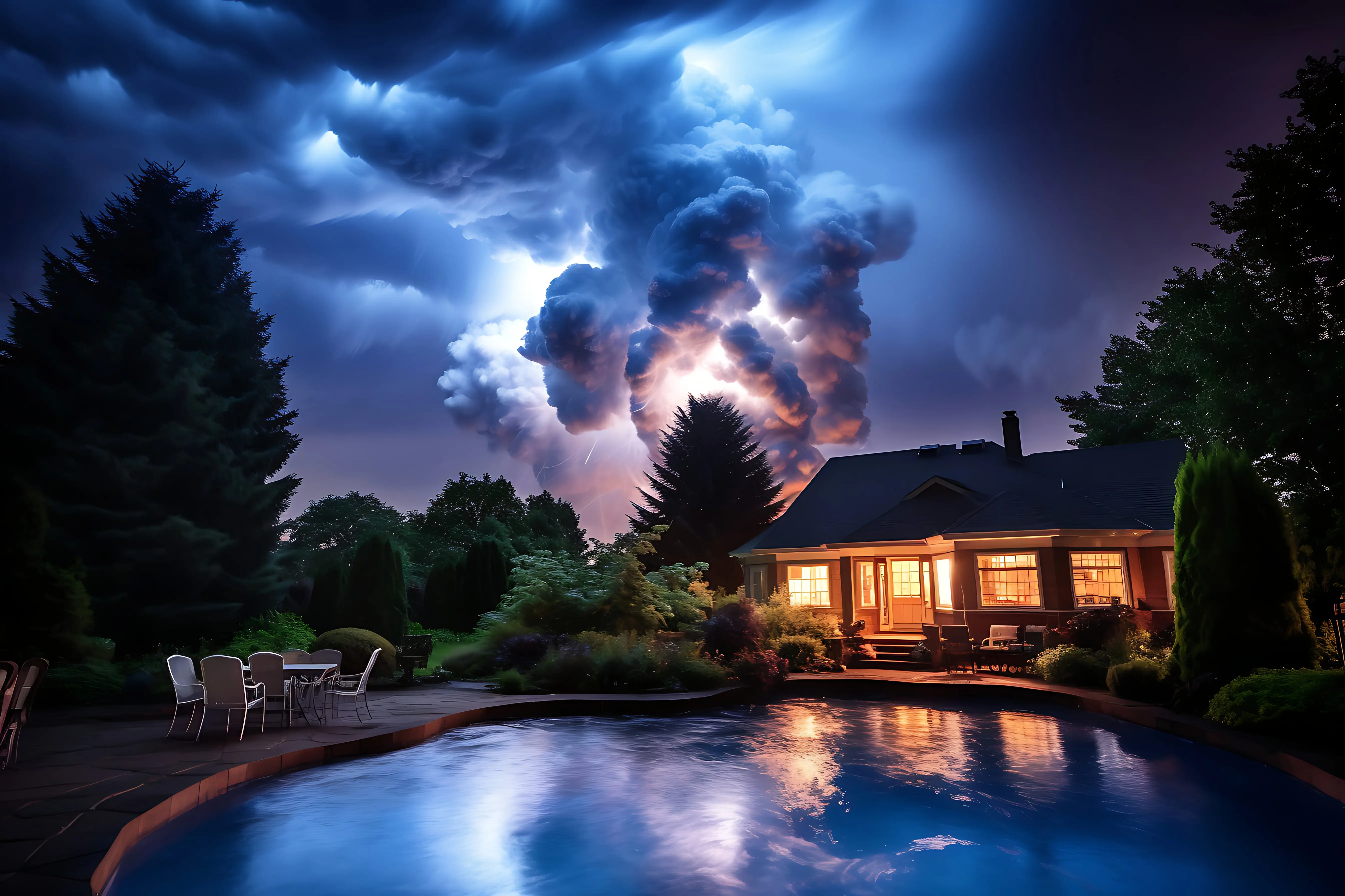 Foto eines Gewitters über einem Garten hinter dem Haus in einem Vorort.